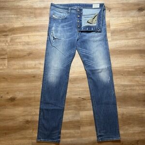 Diesel Buster Jeans Men 32x32 Blue Slim Tapered Stretch Dark Wash Thrashed 0833F